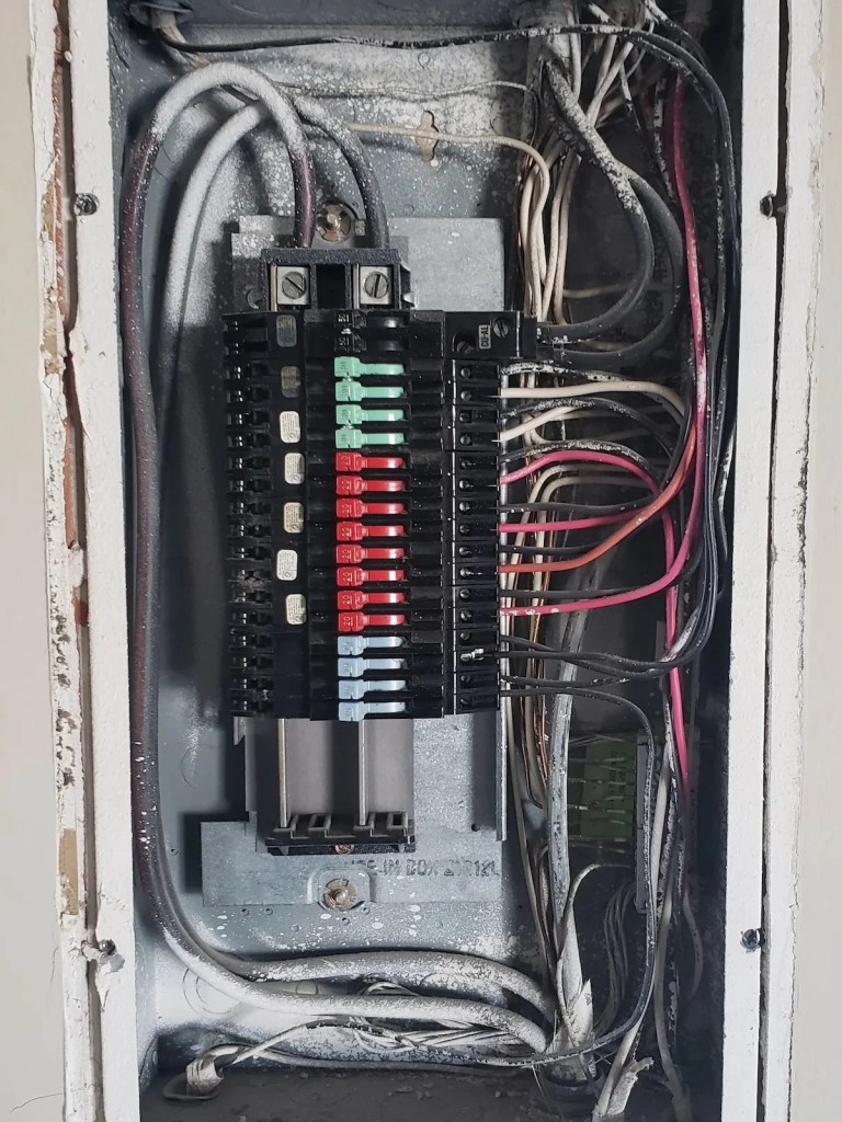 Zinsco electrical panel with multicolored breaker handles